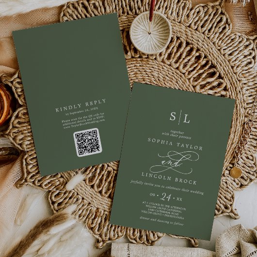 Invitation SOPHIA QR Code Boho Olive Green Tout en un Mariage