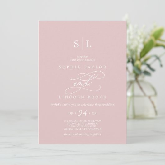Invitation SOPHIA QR Code Chic Blush Pink Tout en un Mariage (Debout devant)