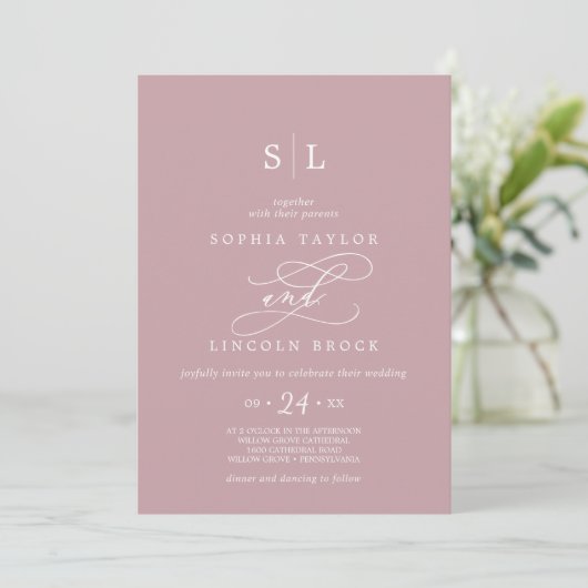 Invitation SOPHIA QR Code Dusty Rose rose tout en un Mariage (Debout devant)