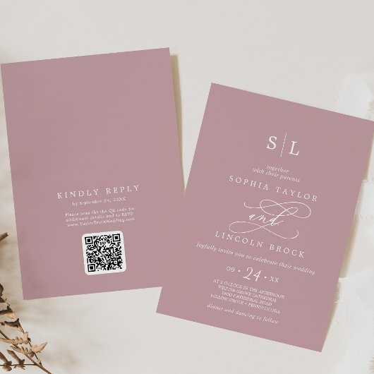 Invitation SOPHIA QR Code Dusty Rose rose tout en un Mariage