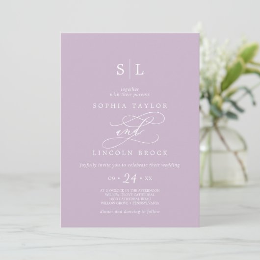 Invitation SOPHIA QR Code Lilac Purple Tout en un Mariage (Debout devant)