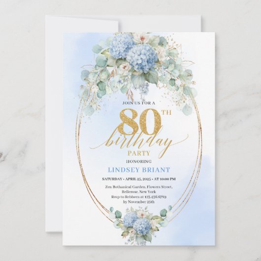 Invitation Sophisticated Blue Hydrangea Botanical 80 Birthday (Devant)