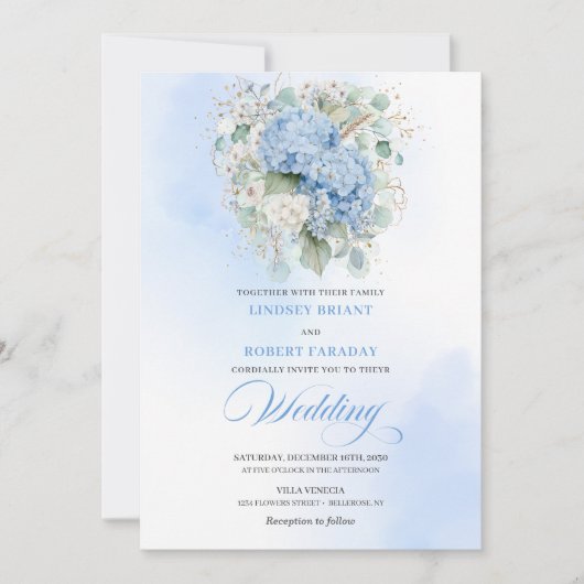 Invitation Sophisticated Blue Hydrangea Gold Wedding Invite (Devant)