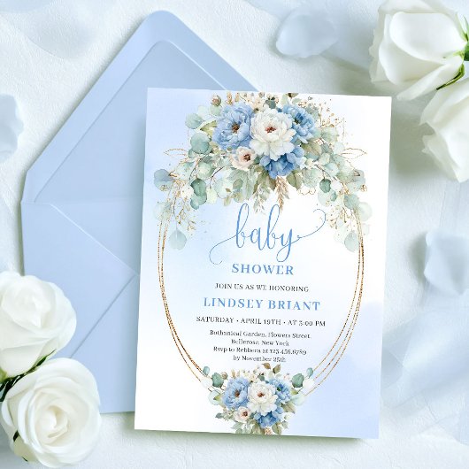 Invitation Sophisticated Blue Peonies Eucalyptus Gold Baby