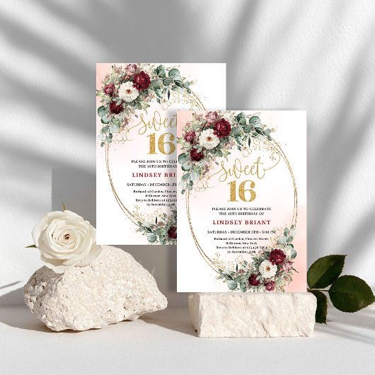 Invitation Sophisticated Bohemian Maroon Floral Gold Sweet 16
