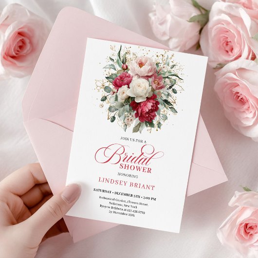 Invitation Sophisticated Bohemian Red White Floral Greenery