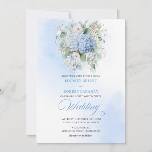 Invitation Sophisticated Bohemian Soft Blue Hydrangea Wedding (Devant)