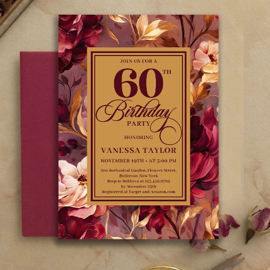 Invitation Sophisticated Boho 60th Birthday Maroon Blush Gold