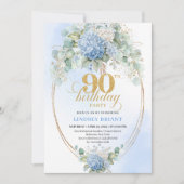 Invitation Sophisticated Boho Blue Floral Gold 90th Birthday (Devant)