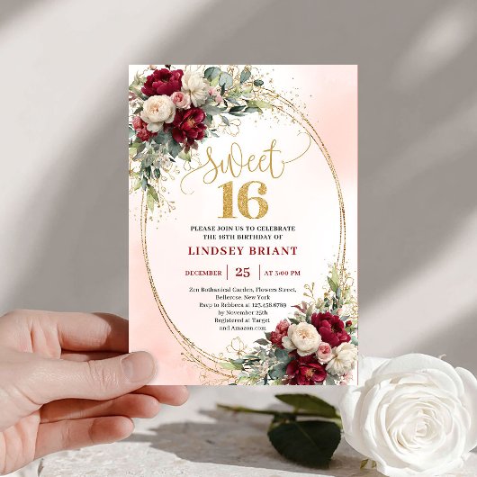 Invitation Sophisticated Boho Marsala Gold Floral Sweet Sixte
