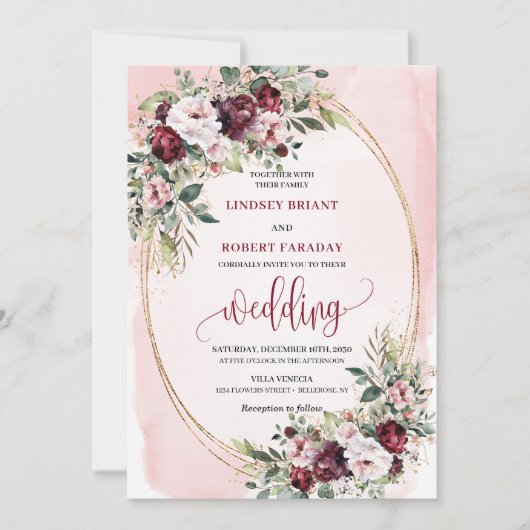 Invitation Sophisticated Boho Merlot Gold Sage Floral Wedding (Devant)