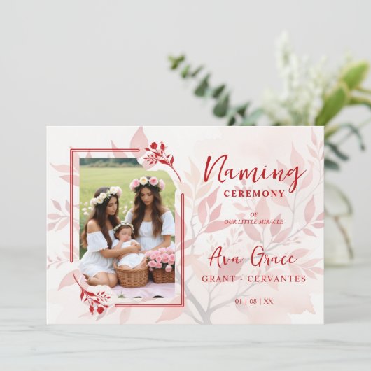 Invitation Sophisticated Botanical Red Frame Photo Naming (Debout devant)