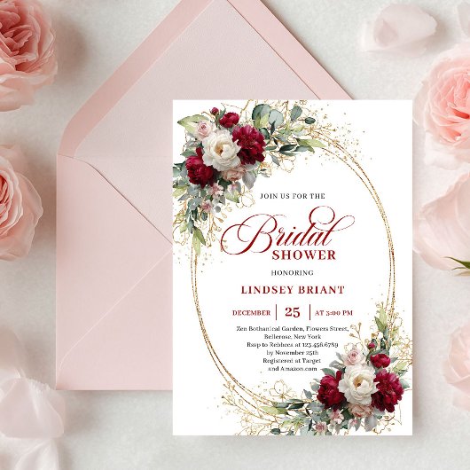 Invitation Sophisticated Burgundy Blush Floral Gold Shower
