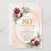 Invitation Sophisticated Burgundy Floral Frame 80th Birthday (Devant)