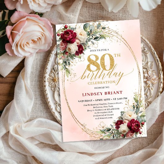 Invitation Sophisticated Burgundy Floral Frame 80th Birthday