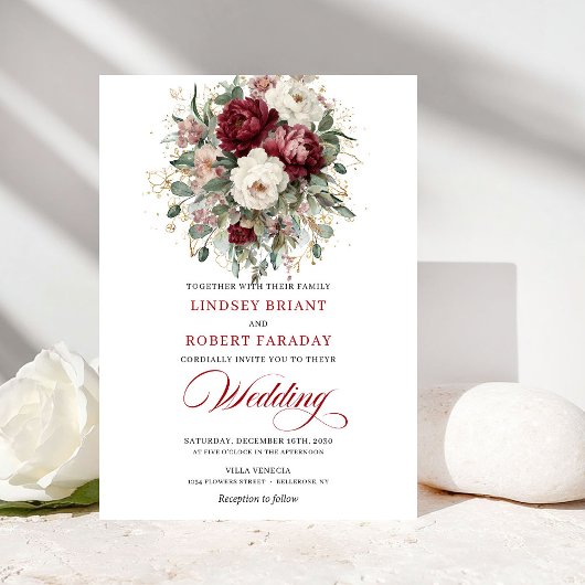 Invitation Sophisticated Burgundy White Botanical Wedding 