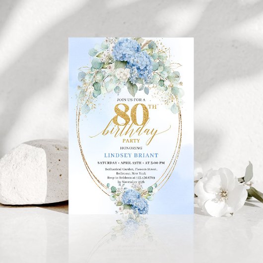 Invitation Sophisticated Dusty Blue Floral 80th Birthday Chic