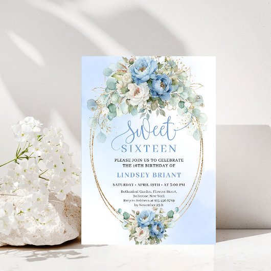 Invitation Sophisticated Dusty Blue Peony Sweet 16 Birthday 