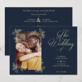 Invitation Sophisticated Elegant Flourish Navy Photo Wedding (Devant / Derrière)