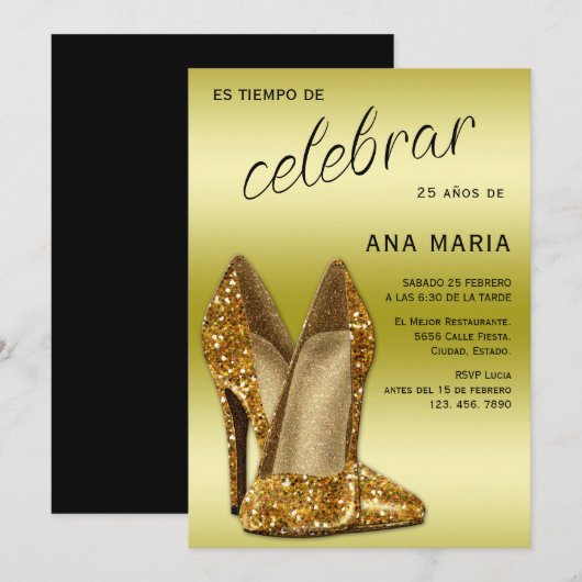 Invitation Sophisticated Gold Spanish Feminine Birthday  (Devant / Derrière)