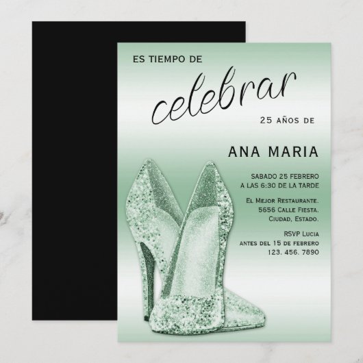 Invitation Sophisticated Green Spanish Feminine Birthday  (Devant / Derrière)