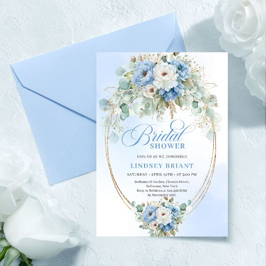 Invitation Sophisticated Light Blue Floral Gold Bridal Shower