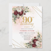 Invitation Sophisticated Maroon Flowers Gold 90th Birthday  (Devant)