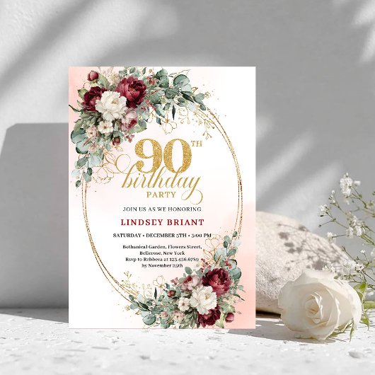 Invitation Sophisticated Marsala Peonies Gold 90th Birthday 