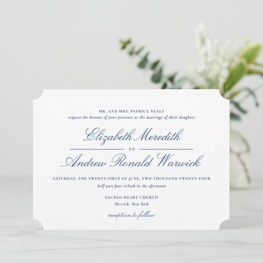 Invitation Sophisticated Navy Blue and White Lace Script (Debout devant)