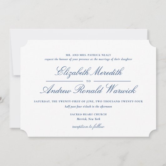 Invitation Sophisticated Navy Blue and White Lace Script (Devant)