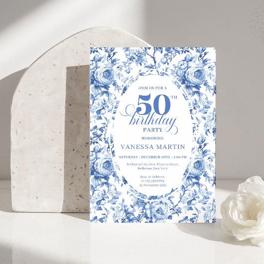 Invitation Sophisticated Navy Toile Rose 50th Birthday Invite