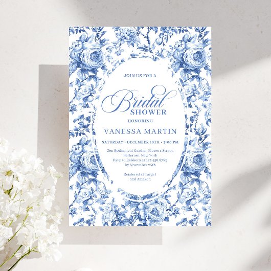 Invitation Sophisticated Navy Toile Rose Bridal Shower Invite