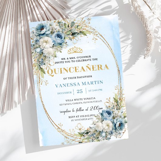 Invitation Sophisticated Pastel Blue Gold Eucalyptus Quince
