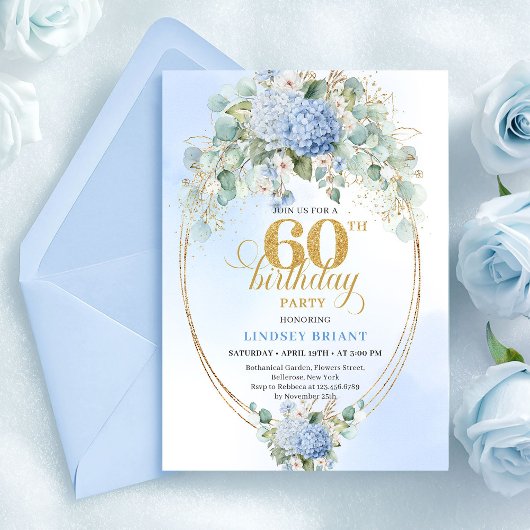 Invitation Sophisticated Rustic Soft Blue Floral 60 Birthday