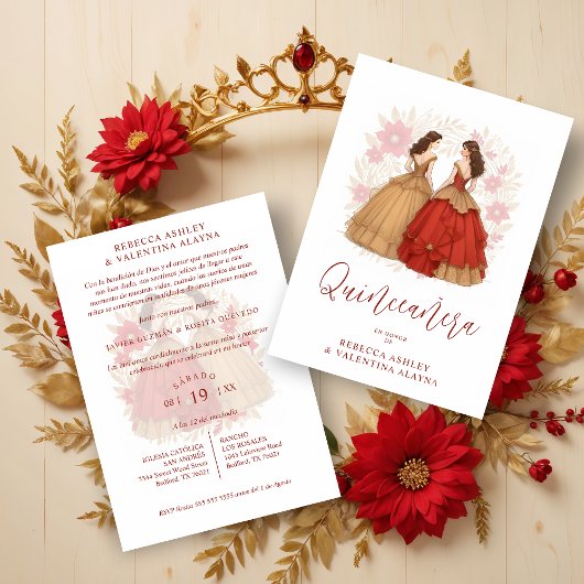 Invitation Sophisticated Spanish Red & Gold Quinceañera Twins