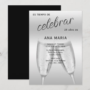 Invitation Sophistiqué Argent Anniversaire Féminin Espagnol 