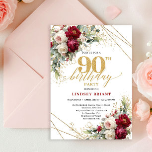 Invitation Sophistiqué Boho Merlot Rose Gold 90e Anniversaire