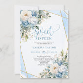 Invitation Sophistiqué Dusty Bleu Peonies Blancs Douce 16 (Devant)