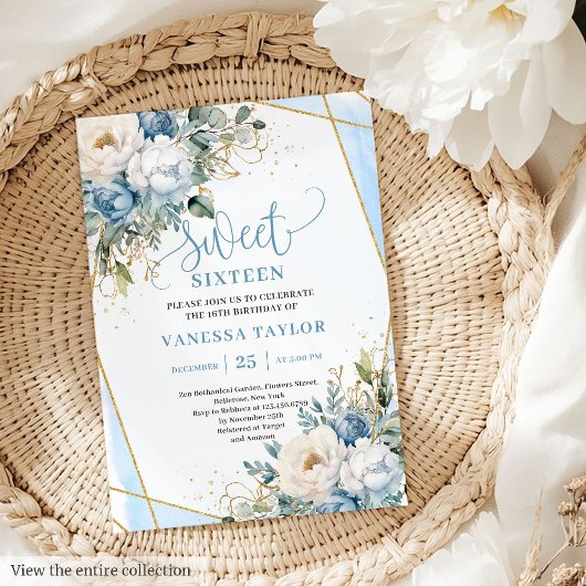 Invitation Sophistiqué Dusty Bleu Peonies Blancs Douce 16