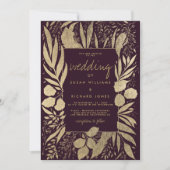 Invitation Sophistiqué mariage floral feuillage doré bordeaux (Devant)