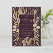 Invitation Sophistiqué mariage floral feuillage doré bordeaux (Debout devant)