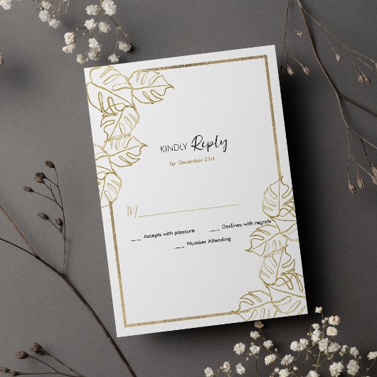 Invitation Sophistiqué or blanc feuillage tropical RSVP