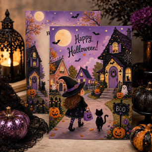 Invitation Sorcier adorable & Fête de Halloween de chat noir