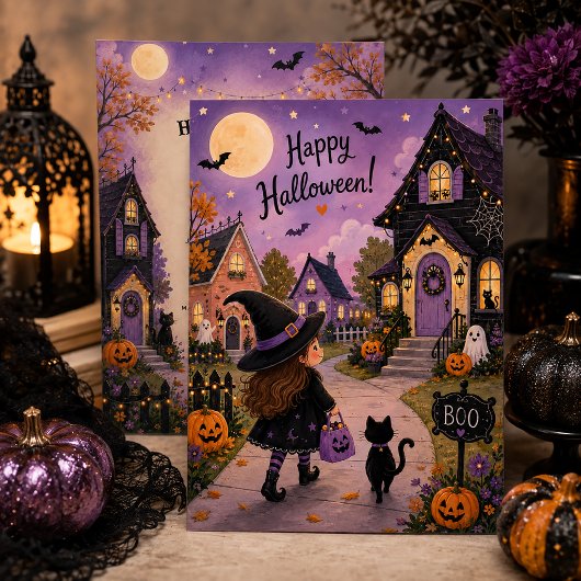 Invitation Sorcier adorable & Fête de Halloween de chat noir