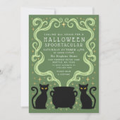 Invitation Sorcier Verte Chat Noir Chaudron Fête Halloween (Devant)