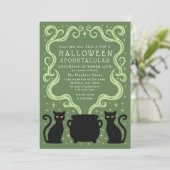 Invitation Sorcier Verte Chat Noir Chaudron Fête Halloween (Debout devant)