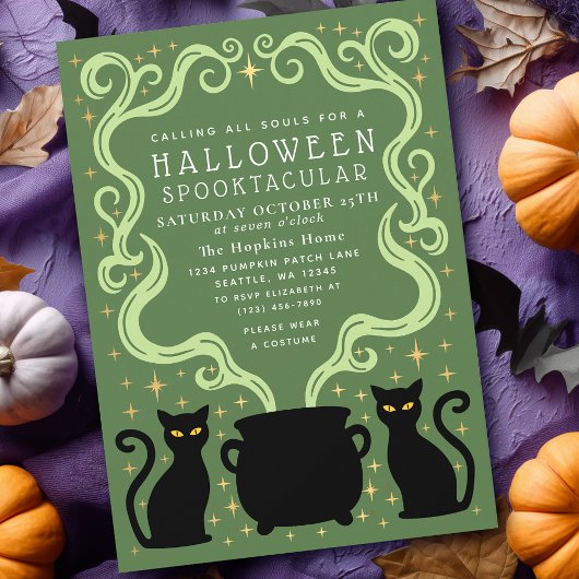 Invitation Sorcier Verte Chat Noir Chaudron Fête Halloween
