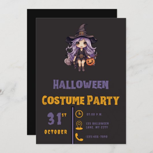 Invitation Sorcière à la lanterne Jack-O' Halloween noir (Devant / Derrière)