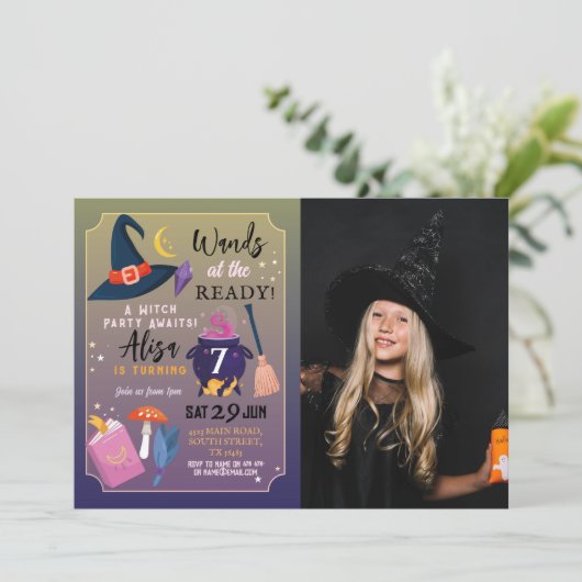 Invitation Sorcière Anniversaire Prêt Filles Filles Rose Phot (Debout devant)