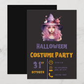 Invitation Sorcière aux Cheveux Roses Chapeau Violet Hallowee (Devant / Derrière)